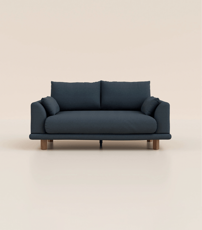 Canapé Bleu Profond-2 places-Pieds carrés - Bois foncé