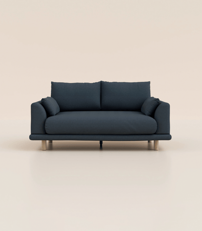 Canapé Bleu Profond-2 places-Pieds ronds - Bois clair