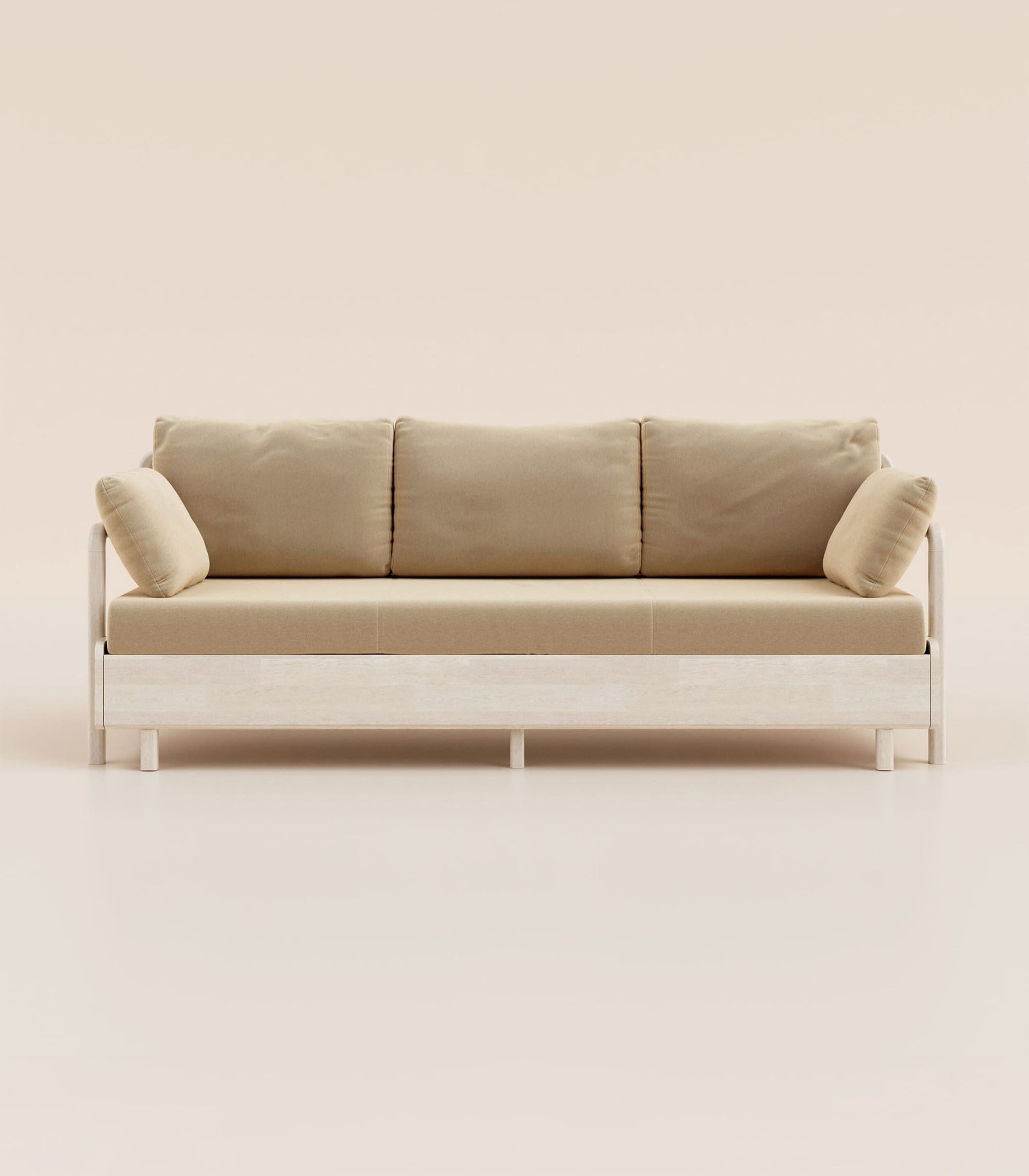 Canapé-lit Tissu Beige-Bois clair-Accoudoirs en bois