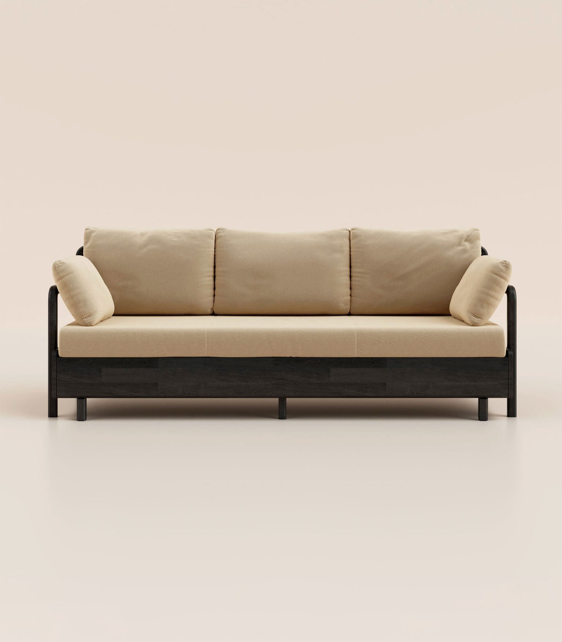 Canapé-lit Tissu Beige-Bois noir-Accoudoirs en bois
