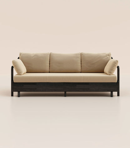 Canapé-lit Tissu Beige-Bois noir-Accoudoirs en bois