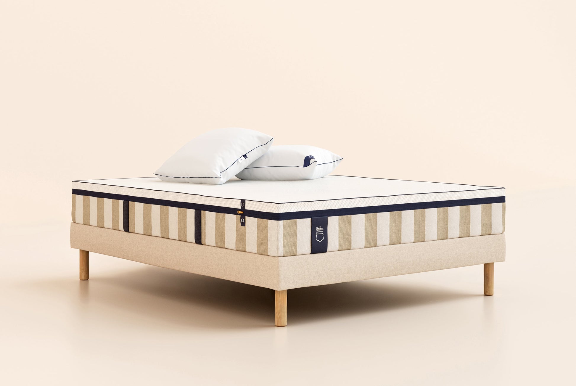 Pack Lit 4 étoiles Matelas Hybride Air+-Hybride Air+-Sommier tapissier-Beige-Pieds Hêtre clair-Standard