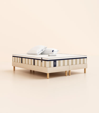 Pack lit 2 places Hybride Matelas Hybride-Hybride-Sommier tapissier-Beige-Bibloc-Pieds Hêtre clair