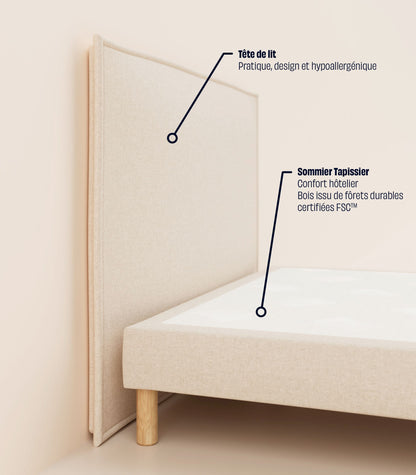 Lit tapissier Beige-Pieds Hêtre clair