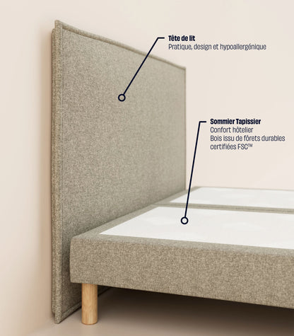 Lit tapissier Gris-Bibloc-Pieds Hêtre clair