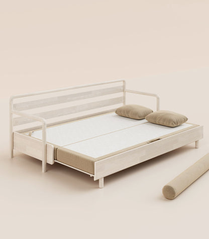Canapé-lit Tissu Beige-Bois clair-Accoudoirs en bois
