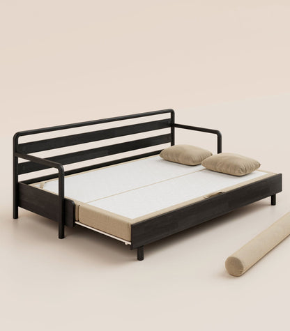Canapé-lit Tissu Beige-Bois noir-Accoudoirs en bois
