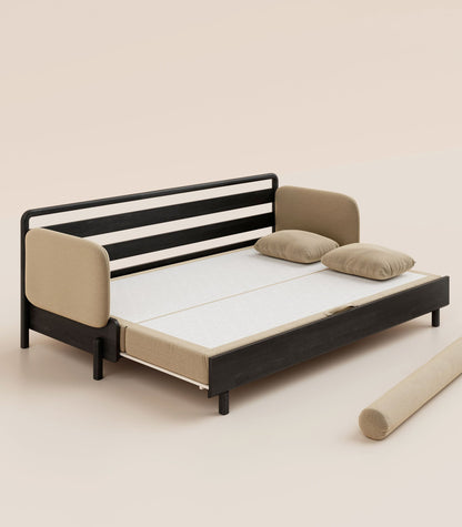 Canapé-lit Tissu Beige-Bois noir-Accoudoirs en tissu