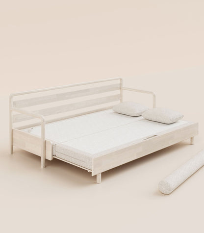 Canapé-lit Tissu Crème-Bois clair-Accoudoirs en bois