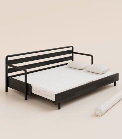 Canapé-lit Tissu Crème-Bois noir-Accoudoirs en bois