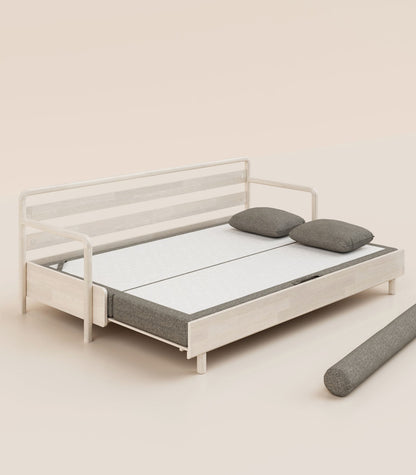 Canapé-lit Tissu Gris-Bois clair-Accoudoirs en bois