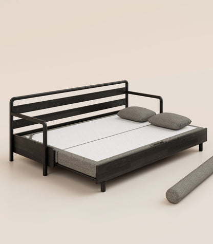 Canapé-lit Tissu Gris-Bois noir-Accoudoirs en bois