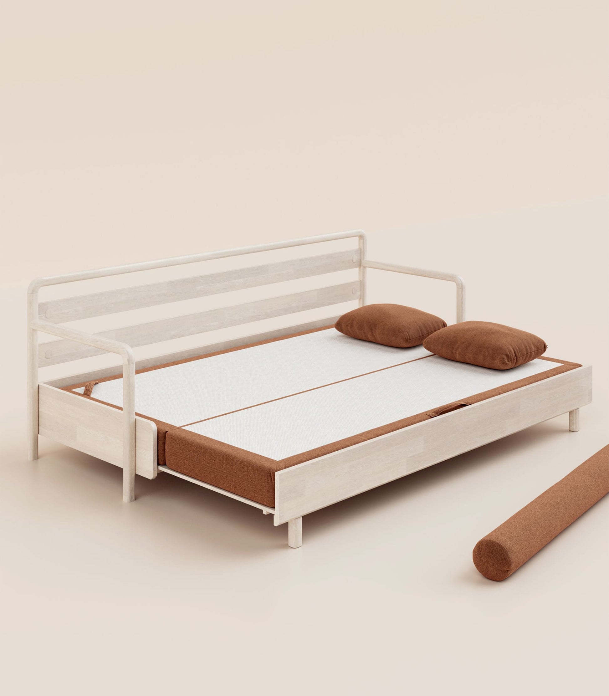 Canapé-lit Tissu Terracotta-Bois clair-Accoudoirs en bois