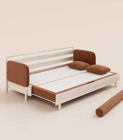 Canapé-lit Tissu Terracotta-Bois clair-Accoudoirs en tissu