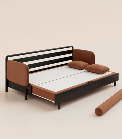 Canapé-lit Tissu Terracotta-Bois noir-Accoudoirs en tissu