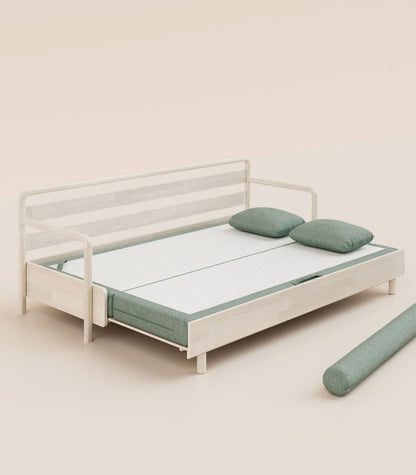 Canapé-lit Tissu Vert sauge-Bois clair-Accoudoirs en bois