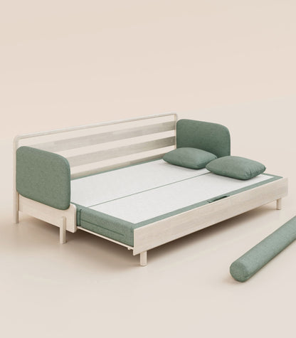 Canapé-lit Tissu Vert sauge-Bois clair-Accoudoirs en tissu