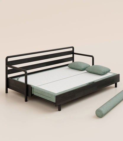 Canapé-lit Tissu Vert sauge-Bois noir-Accoudoirs en bois