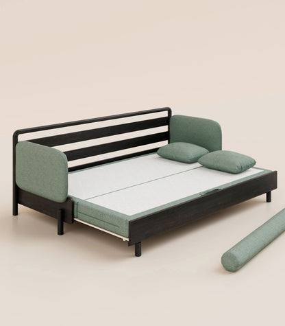 Canapé-lit Tissu Vert sauge-Bois noir-Accoudoirs en tissu