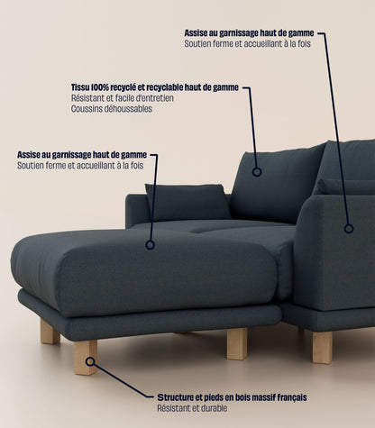 Canapé d'angle Bleu Profond-3 places-Pieds carrés - Bois clair