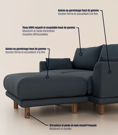 Canapé d'angle Bleu Profond-4 places-Pieds ronds - Bois foncé