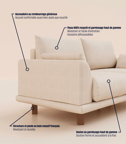 Canapé Ecru-3 places-Pieds carrés - Bois foncé