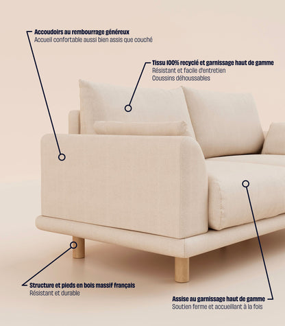 Canapé Ecru-3 places-Pieds ronds - Bois clair