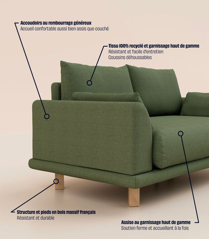 Canapé Vert Kaki-2 places-Pieds carrés - Bois clair