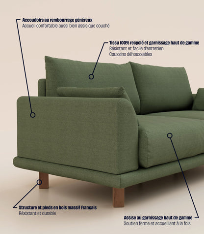 Canapé Vert Kaki-4 places-Pieds carrés - Bois foncé
