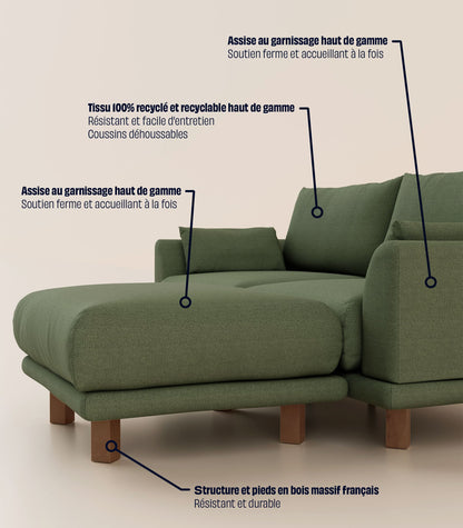 Canapé d'angle Vert Kaki-4 places-Pieds carrés - Bois foncé