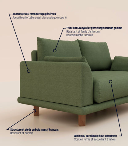 Canapé Vert Kaki-2 places-Pieds carrés - Bois foncé