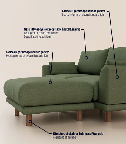 Canapé d'angle Vert Kaki-3 places-Pieds ronds - Bois foncé