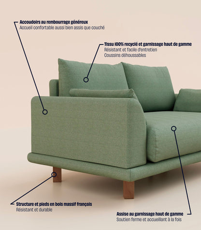 Canapé Vert Sauge-2 places-Pieds carrés - Bois foncé