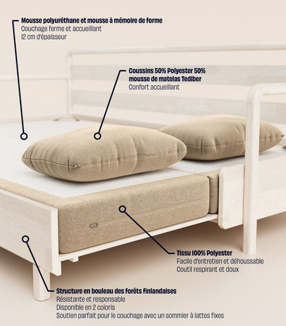 Canapé-lit Tissu Beige-Bois clair-Accoudoirs en bois