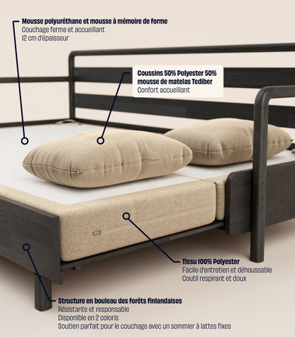 Canapé-lit Tissu Beige-Bois noir-Accoudoirs en bois