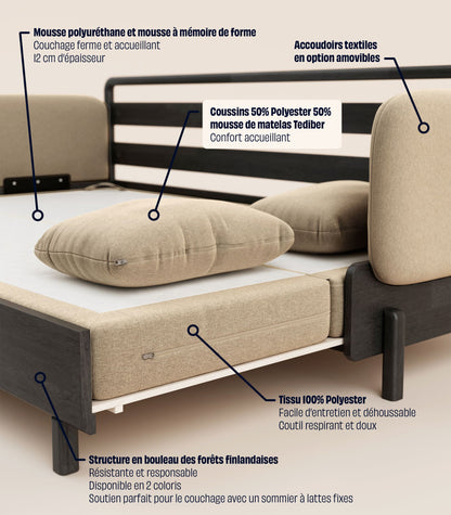 Canapé-lit Tissu Beige-Bois noir-Accoudoirs en tissu