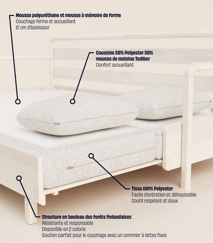 Canapé-lit Tissu Crème-Bois clair-Accoudoirs en bois
