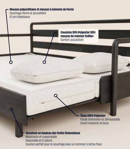 Canapé-lit Tissu Crème-Bois noir-Accoudoirs en bois
