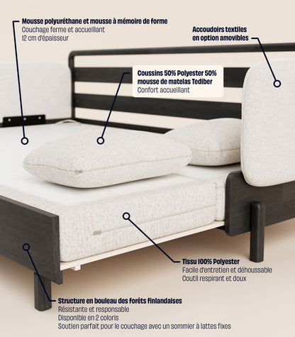 Canapé-lit Tissu Crème-Bois noir-Accoudoirs en tissu