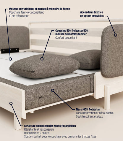 Canapé-lit Tissu Gris-Bois clair-Accoudoirs en tissu