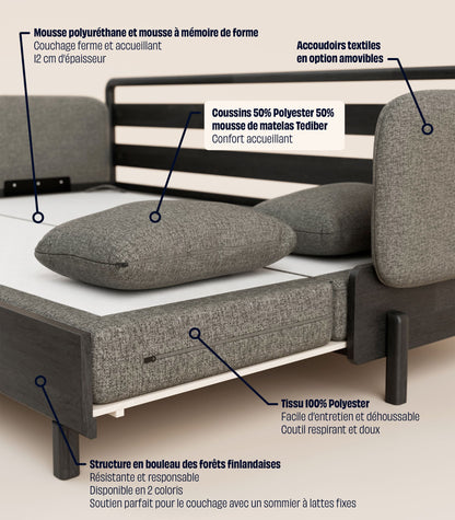 Canapé-lit Tissu Gris-Bois noir-Accoudoirs en tissu