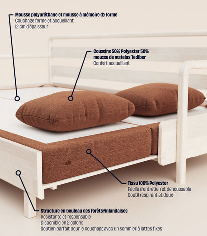 Canapé-lit Tissu Terracotta-Bois clair-Accoudoirs en bois