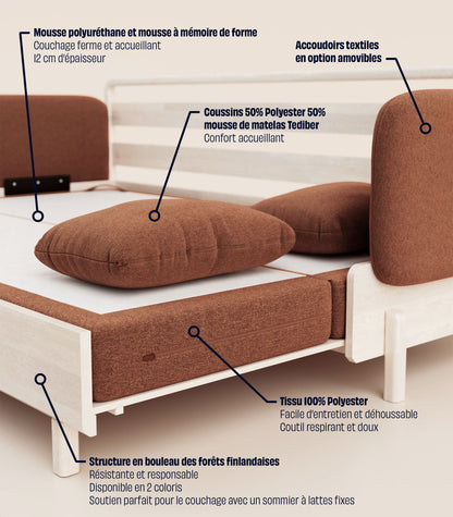 Canapé-lit Tissu Terracotta-Bois clair-Accoudoirs en tissu