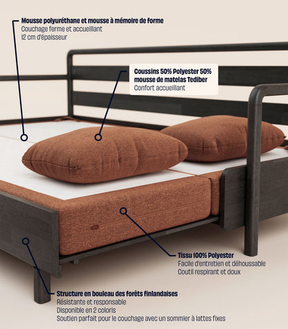 Canapé-lit Tissu Terracotta-Bois noir-Accoudoirs en bois