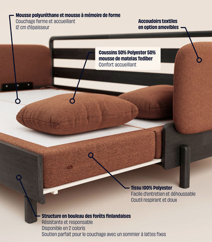 Canapé-lit Tissu Terracotta-Bois noir-Accoudoirs en tissu