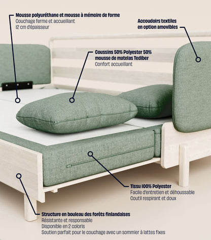 Canapé-lit Tissu Vert sauge-Bois clair-Accoudoirs en tissu
