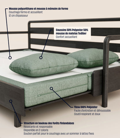 Canapé-lit Tissu Vert sauge-Bois noir-Accoudoirs en bois