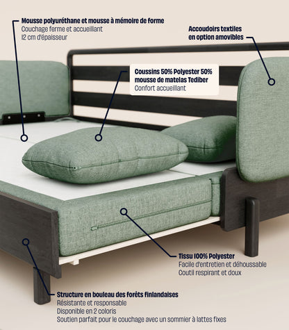 Canapé-lit Tissu Vert sauge-Bois noir-Accoudoirs en tissu