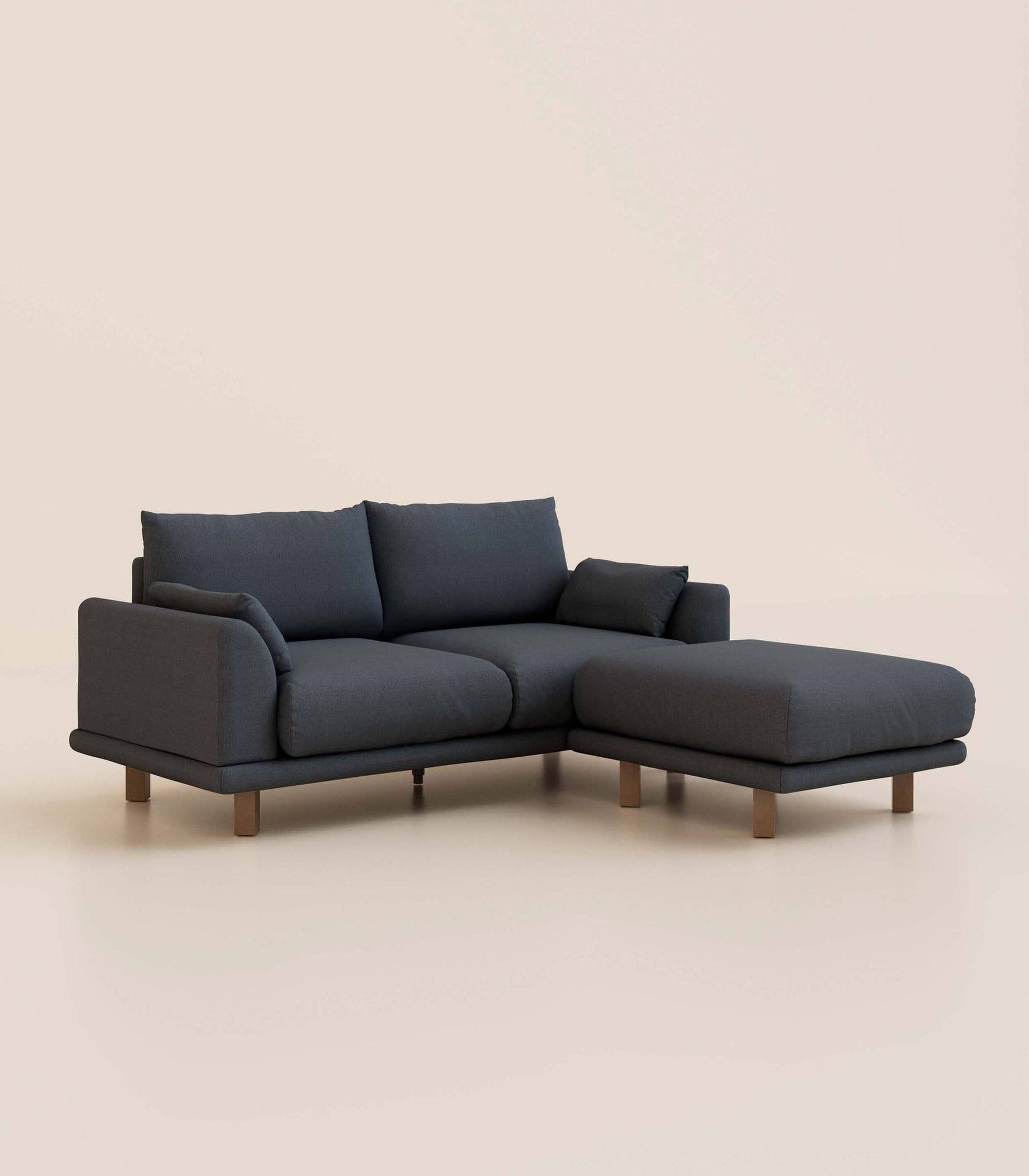 Canapé d'angle Bleu-profond-3 places-Pieds carrés - Bois foncé